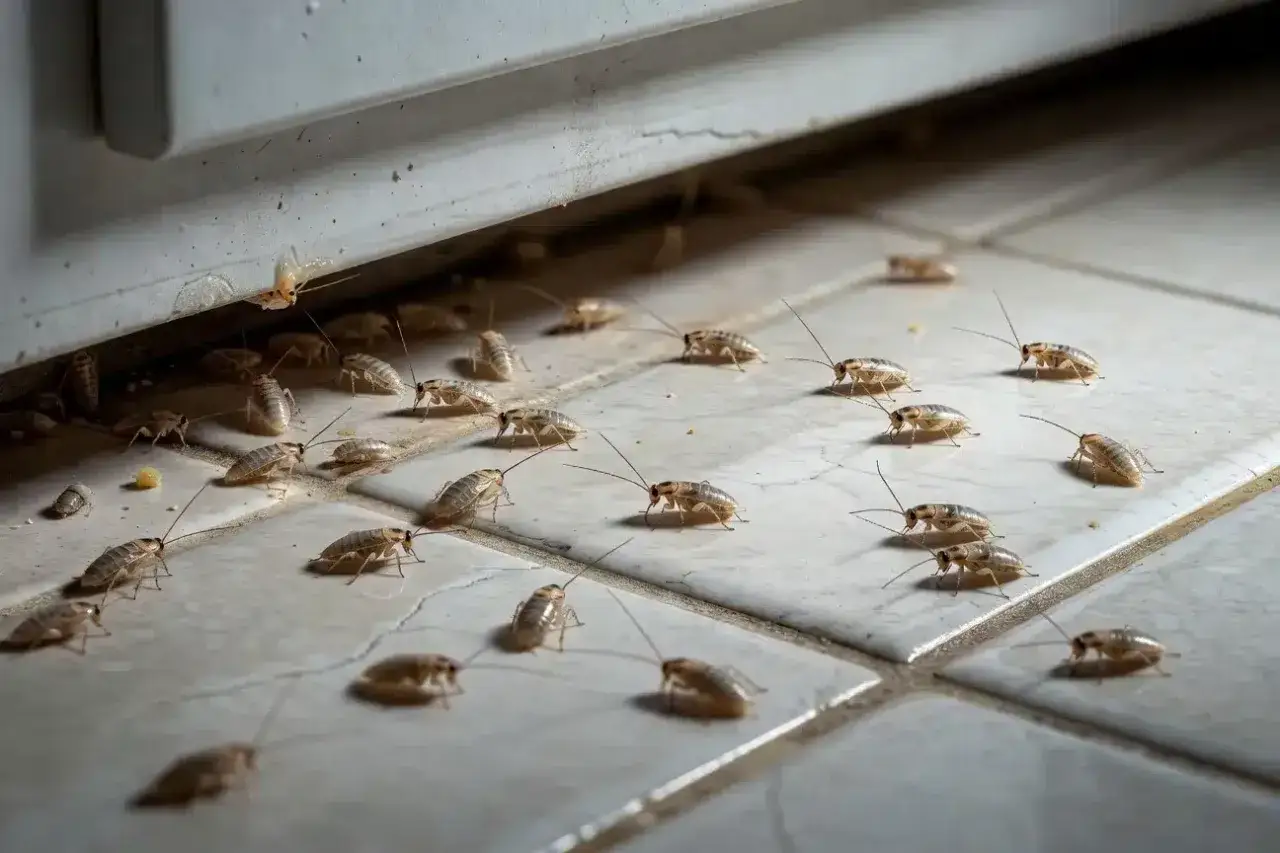 Un enjambre de cucarachas se arrastra por el suelo, indicando la necesidad de un fumigar cucarachas casero.