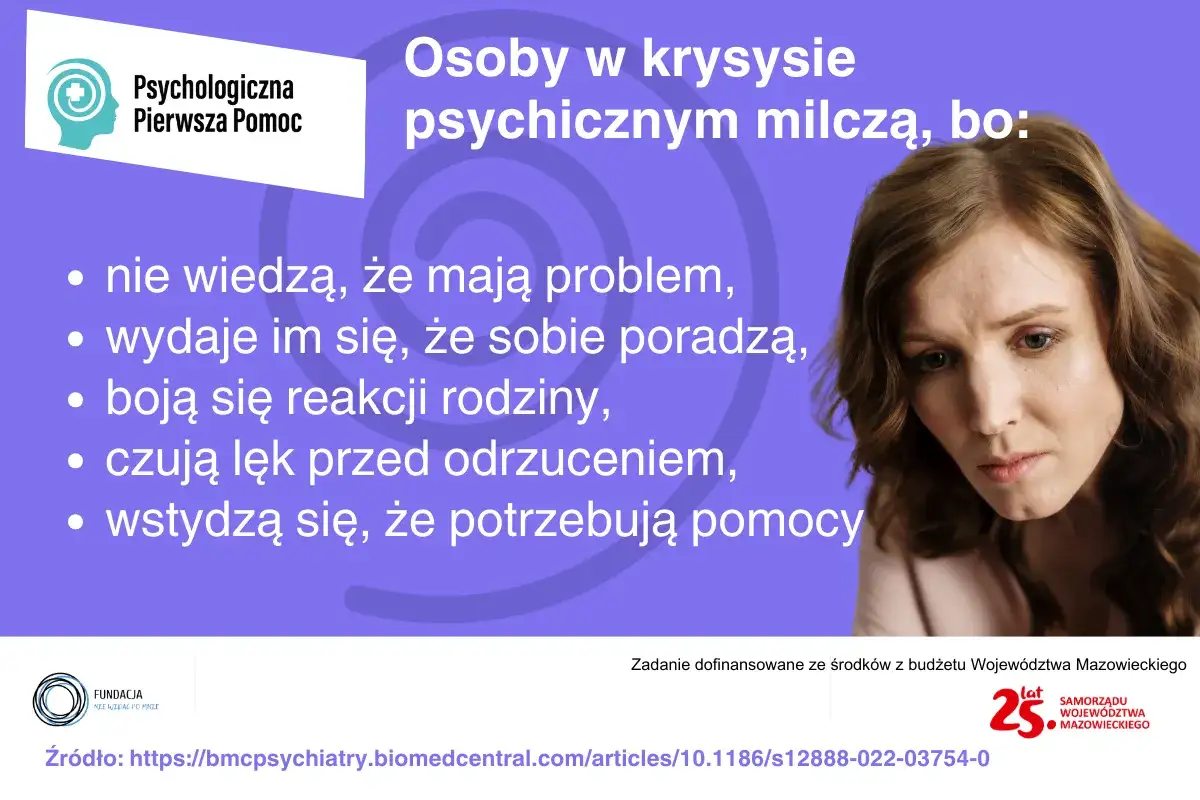 Kobieta z zamyślonym wyrazem twarzy, obok tekst o psychologicznej pierwszej pomocy i powodach milczenia osób w kryzysie psychicznym.