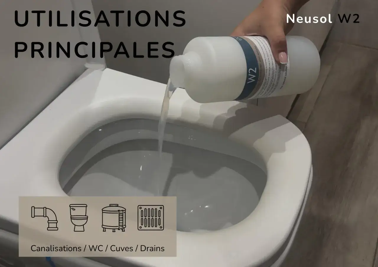 Produit Neusol W2 versé dans une cuvette de WC, idéal pour comment nettoyer les canalisations d'un camping-car. Icônes : tuyaux, WC, cuve, grille.