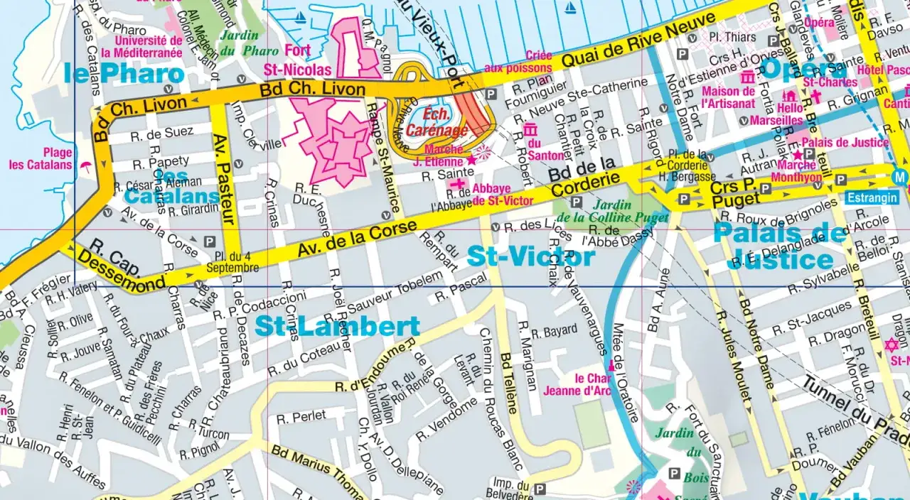 Mapa Marsylii z zaznaczonymi ulicami, placami i zabytkami, jak Palais de Justice i St-Victor.
