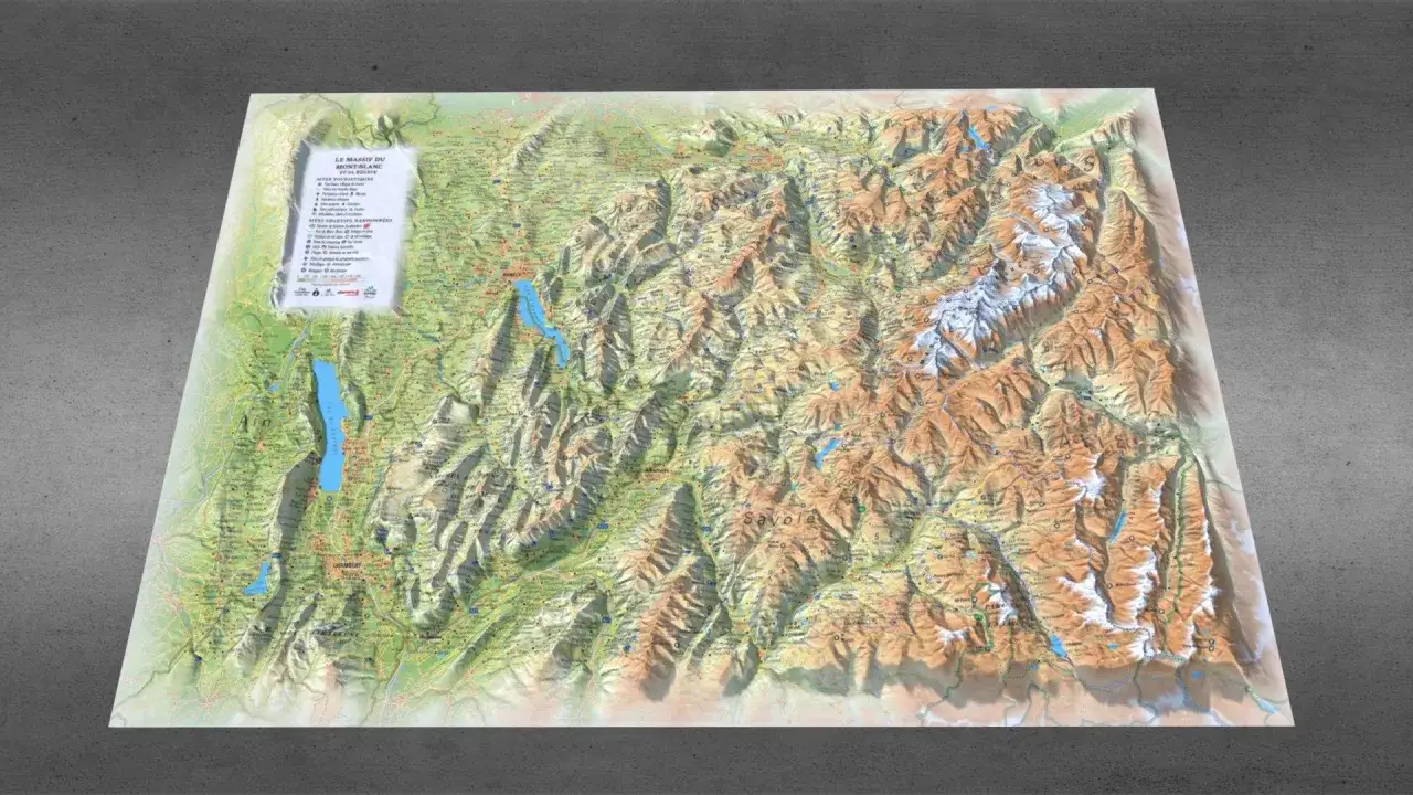 Carte en relief du massif du Mont-Blanc, le plus haut sommet de France, avec ses lacs et ses villes.