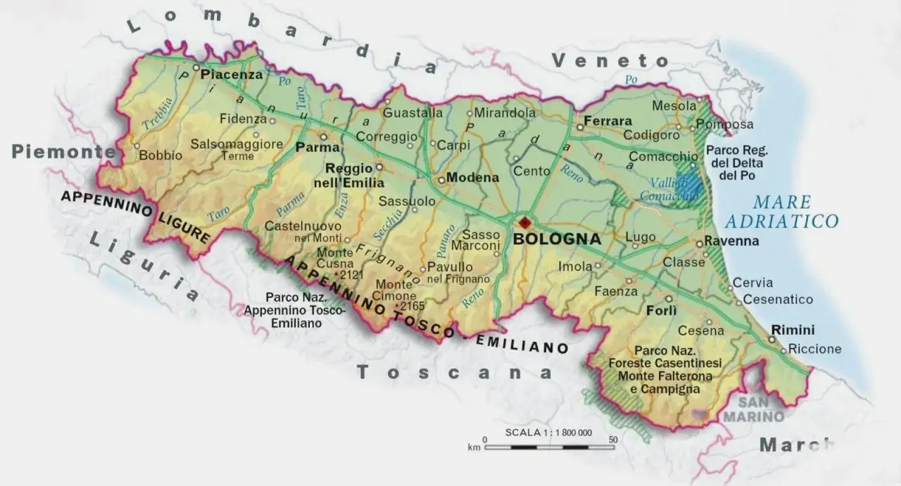 Mappa dell'Emilia-Romagna con Bologna al centro, che mostra le citt&agrave; della citt&agrave; riviera romagnola come Rimini e Riccione, e il Mare Adriatico.
