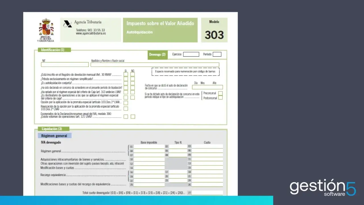 Formulario Modelo 303 de la Agencia Tributaria para la autoliquidación del IVA. Incluye secciones para datos de identificación, régimen general, IVA devengado, y cálculo de bases imponibles, tipos y cuotas, reflejando el iva soportado y repercutido.