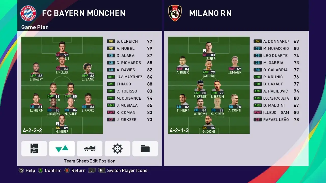 Bayern Monachium kontra AC Milan. Na boisku widać formacje 4-2-2-2 i 4-2-1-3, z zawodnikami jak Müller, Neuer, Ibrahimović. To gra, gdzie każdy pes to wyzwanie.