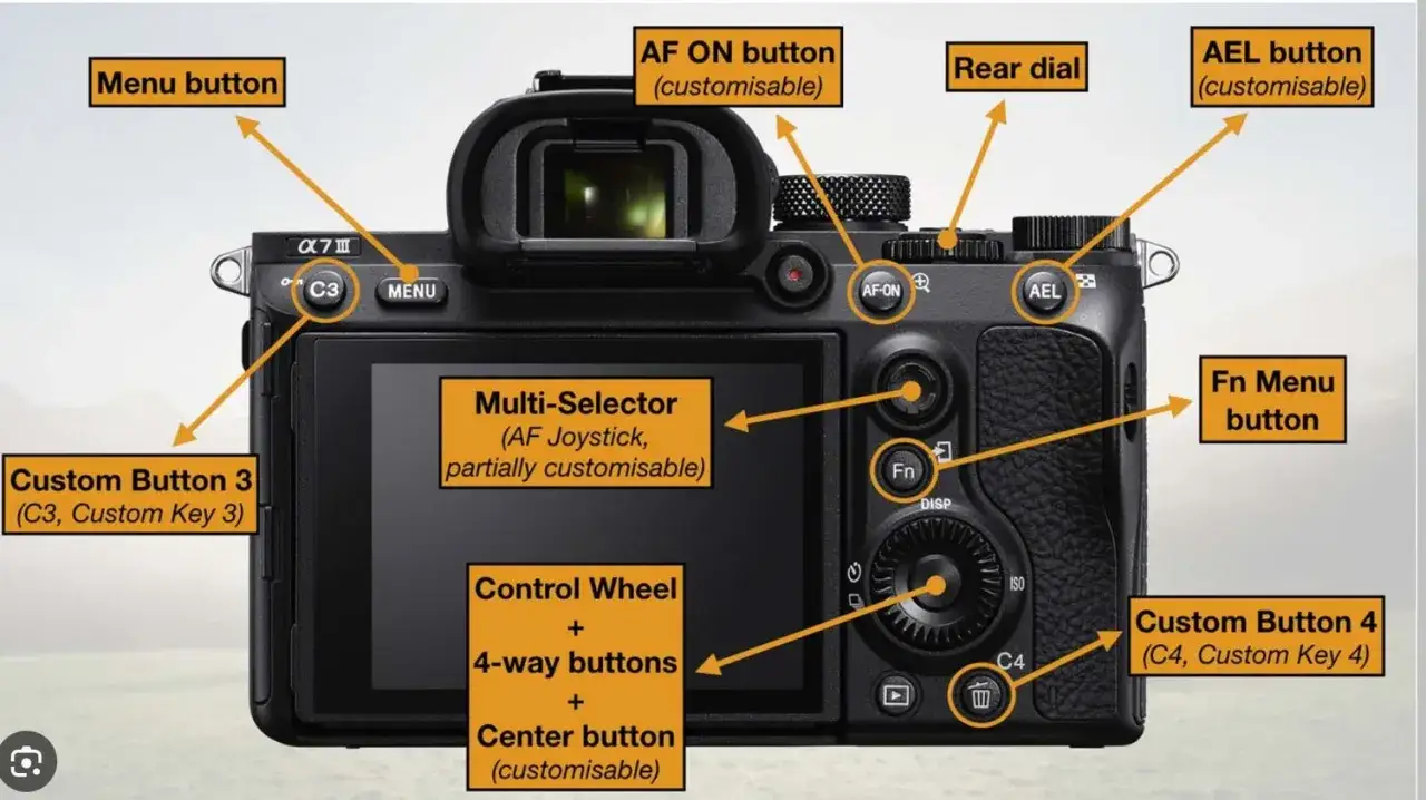 Vista trasera de c&aacute;mara Sony &alpha;7 III, con etiquetas que se&ntilde;alan botones y diales para ajustes de c&aacute;mara, como el men&uacute;, AF-ON y dial trasero.