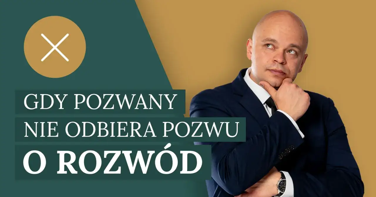 Mężczyzna w garniturze zastanawia się, gdy pozwany nie odbiera pozwu o rozwód. Na ekranie widnieje napis 