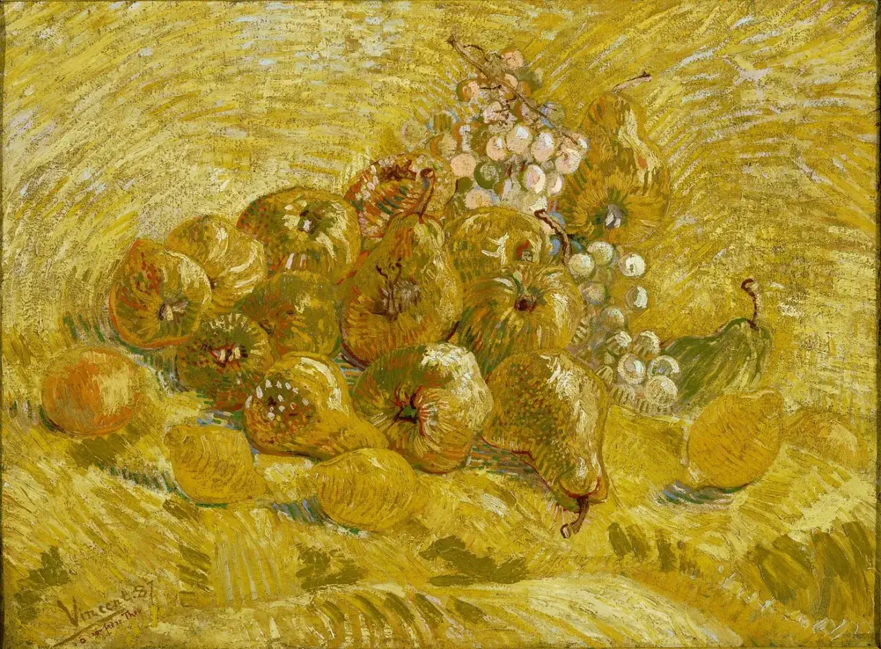 A still life of pears, apples, and grapes, rendered in vibrant yellow brushstrokes, showcasing one of Van Gogh's famous yellow paintings.