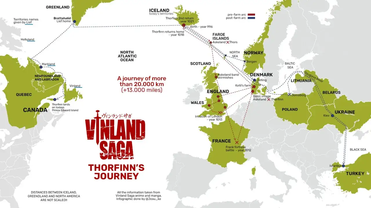 Karte der Reisen von Thorfinn aus Vinland Saga. Zeigt Europa, Grönland, Island und Nordamerika.