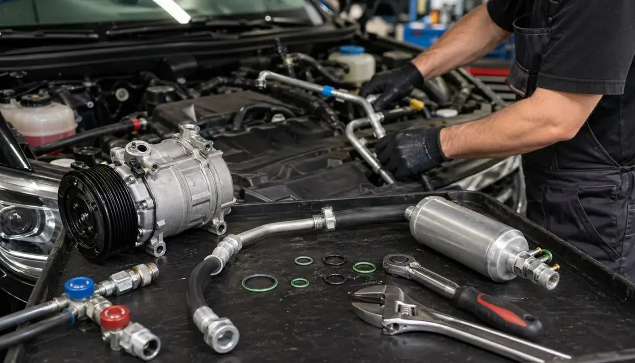 Mechanik pracuje nad regeneracją kompresora klimatyzacji. Na stole leżą części i narzędzia.