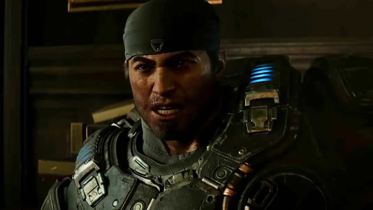 Ein Soldat mit Stirnband und Rüstung, bereit für den Kampf. Gears of War: E-Day.