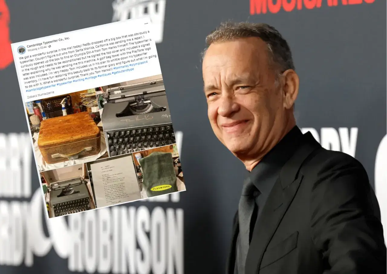 Tom Hanks, znany aktor, kolekcjonuje stare maszyny do pisania. Na zdjęciu widać jego nową zdobycz - zabytkową maszynę Olympia SM-4.