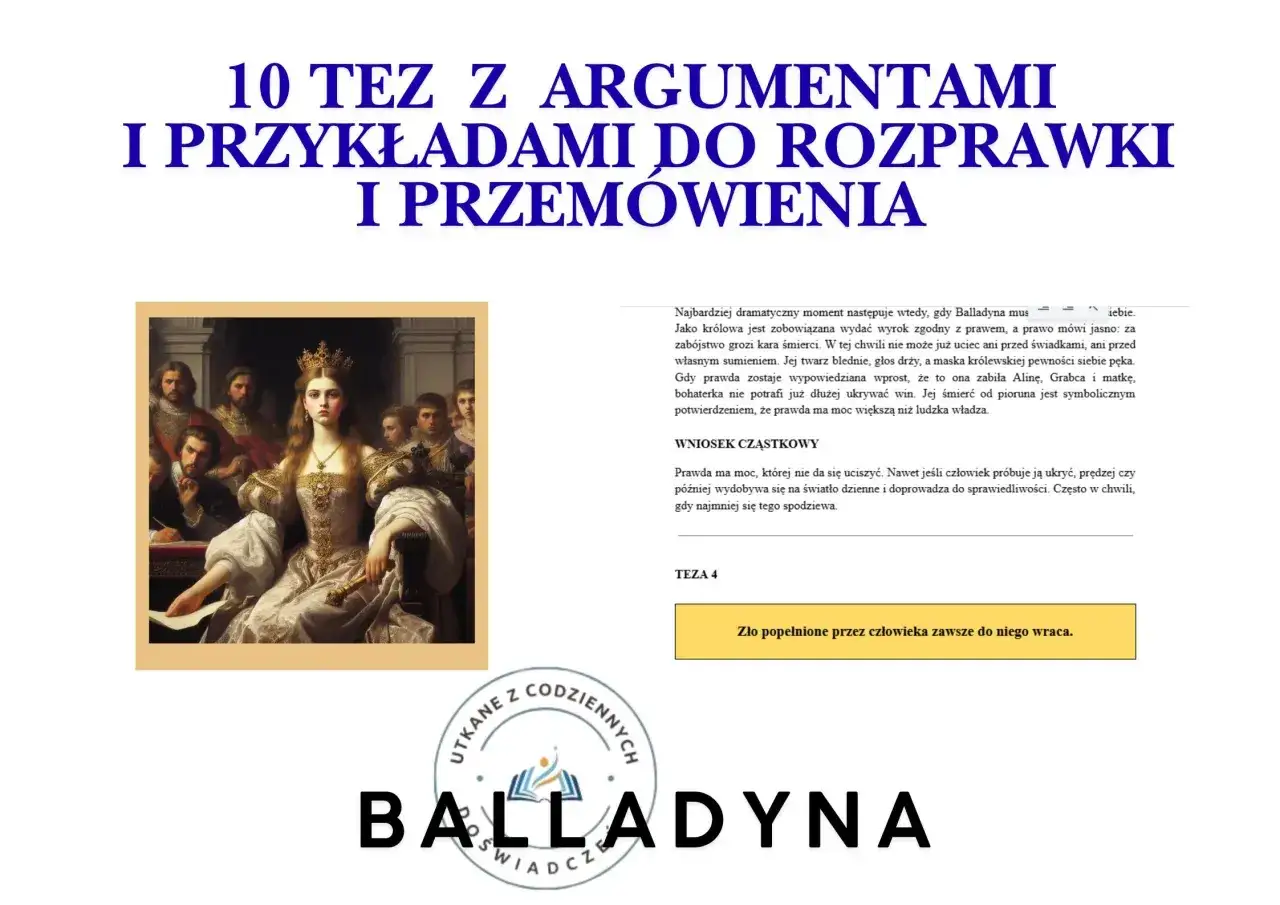 Balladyna, królowa w koronie, siedzi pośród dworzan. Tekst obok to 