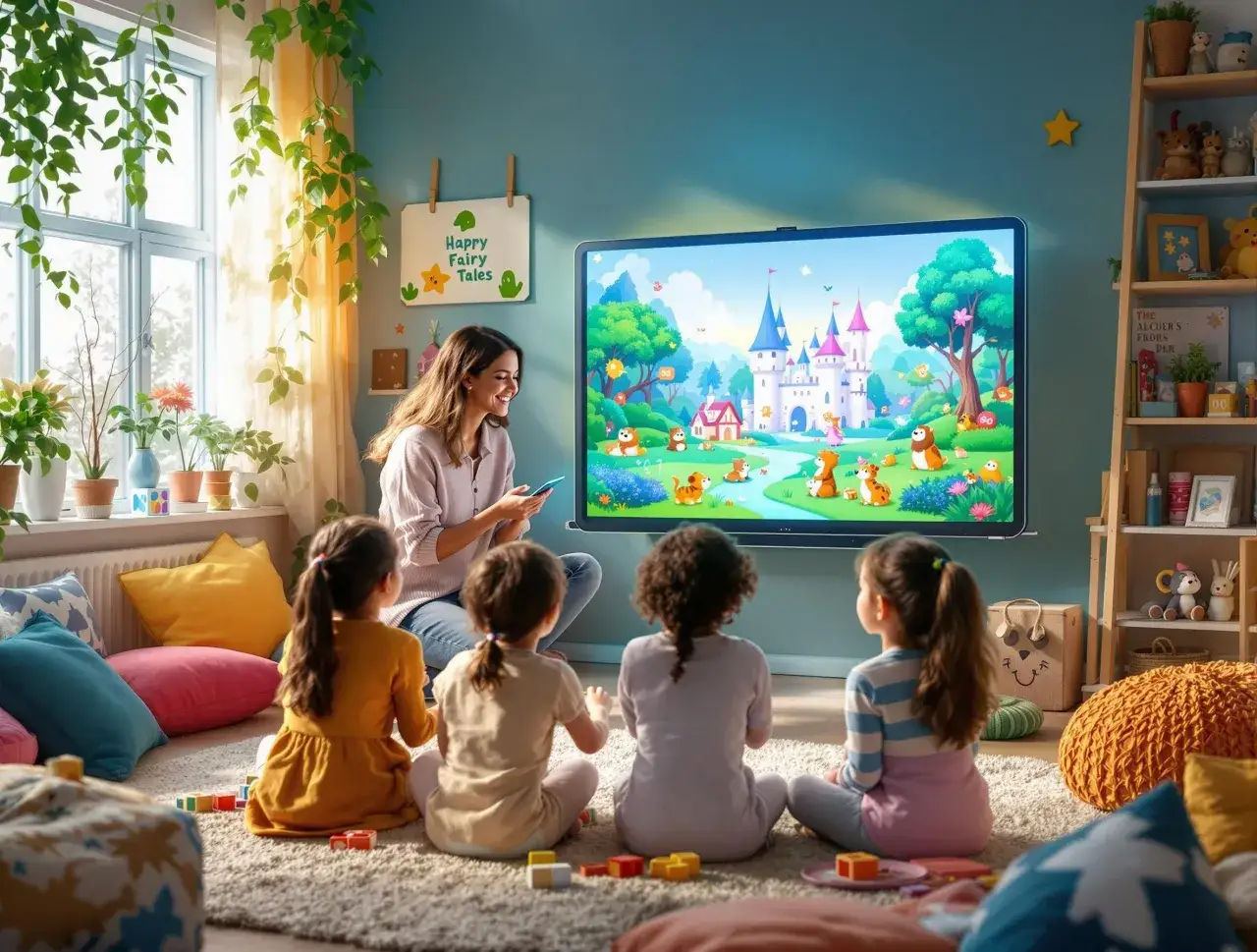 Nauczycielka z telefonem w ręku ogląda z dziećmi bajkę na ekranie. To idealny film dla 4 latka, pełen zamków i zwierzątek.