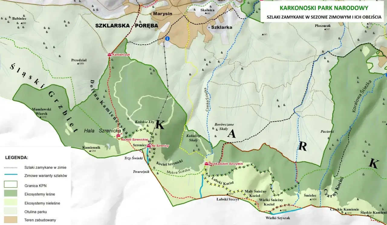 Mapa Karkonoszy z zaznaczonymi przyczynami zamykania szlaków w karkonoskim parku narodowym zimą.