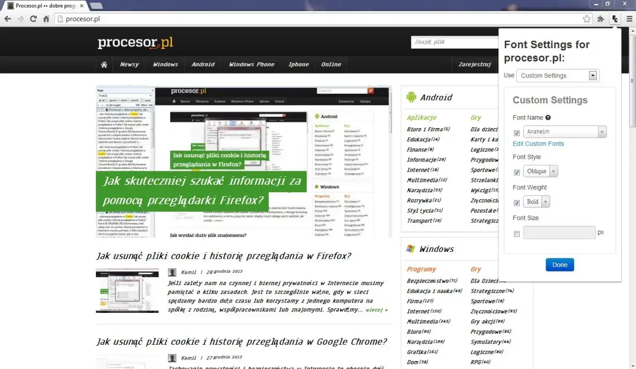 Różnica powiększenie strony a rozmiar czcionki Chrome