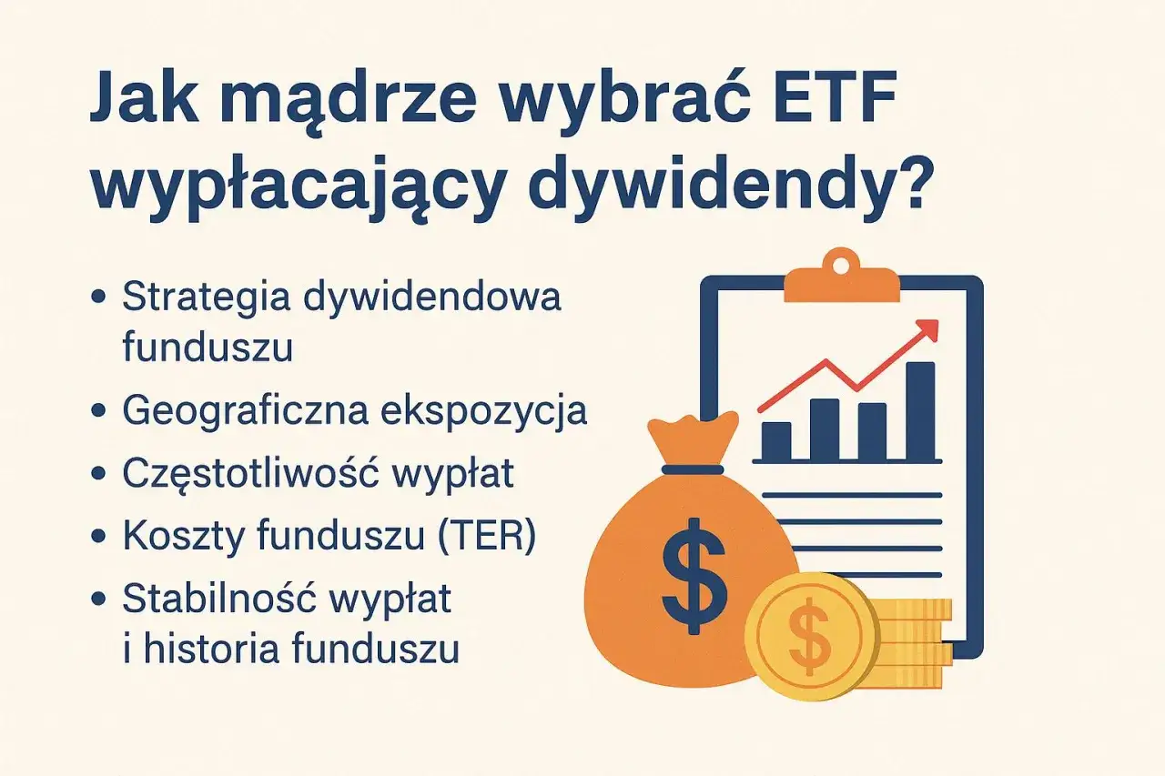 Jak mądrze wybrać ETF wypłacający dywidendy? Lista kluczowych czynników: strategia, ekspozycja, częstotliwość i koszty wypłat, stabilność.