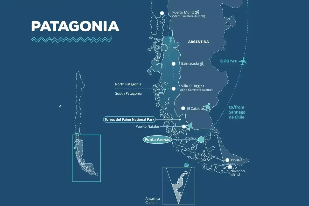 Karte zeigt, wo liegt Patagonien: s&uuml;dlichstes S&uuml;damerika, mit Orten wie Torres del Paine, Ushuaia und El Calafate.