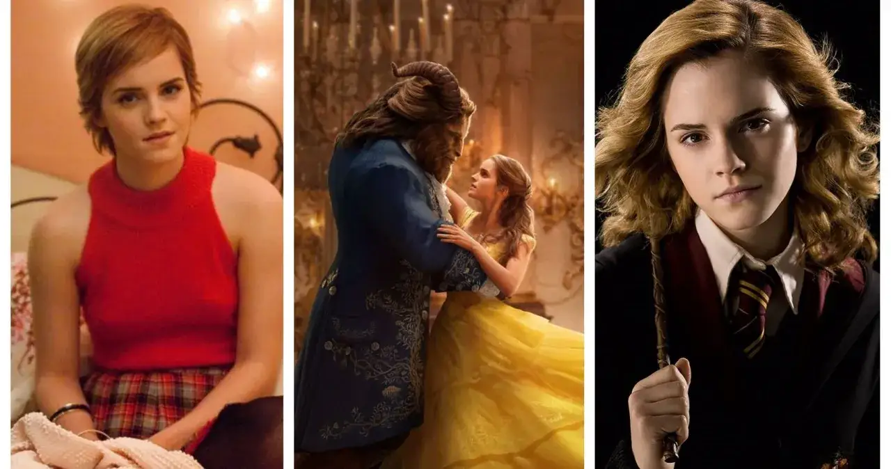 Emma Watson i hennes filmer: en ung kvinna i rött, Belle med Odjuret, och Hermione Granger.