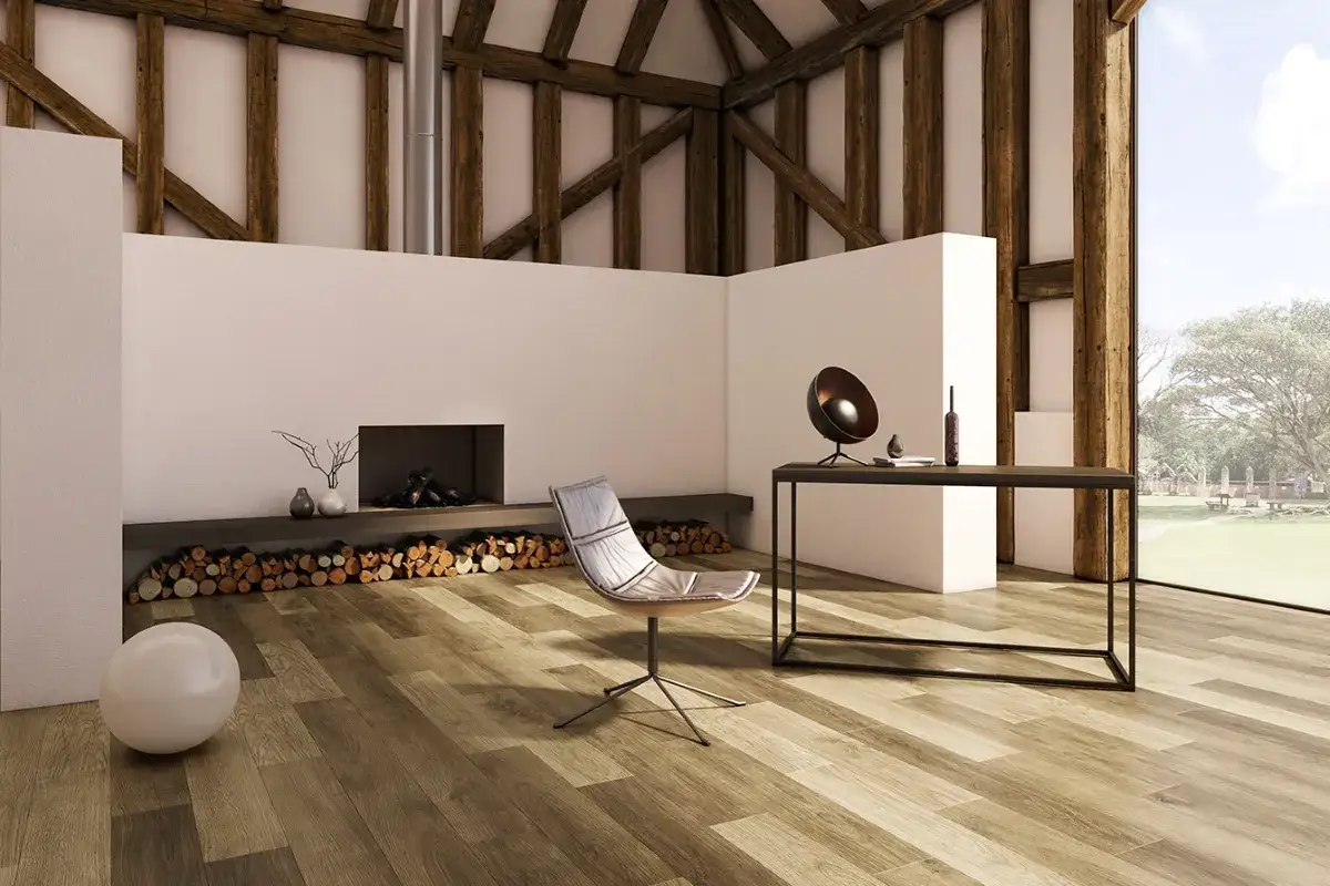 Modern living room with a fireplace, featuring diverse vinyl plank layout patterns on the floor.