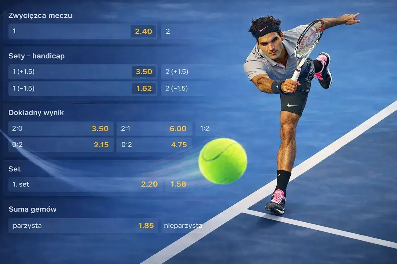 Roger Federer w akcji, gotowy do uderzenia. Obok tabelka z kursami bukmacherskimi, sugerująca emocjonujące starcie head to head.