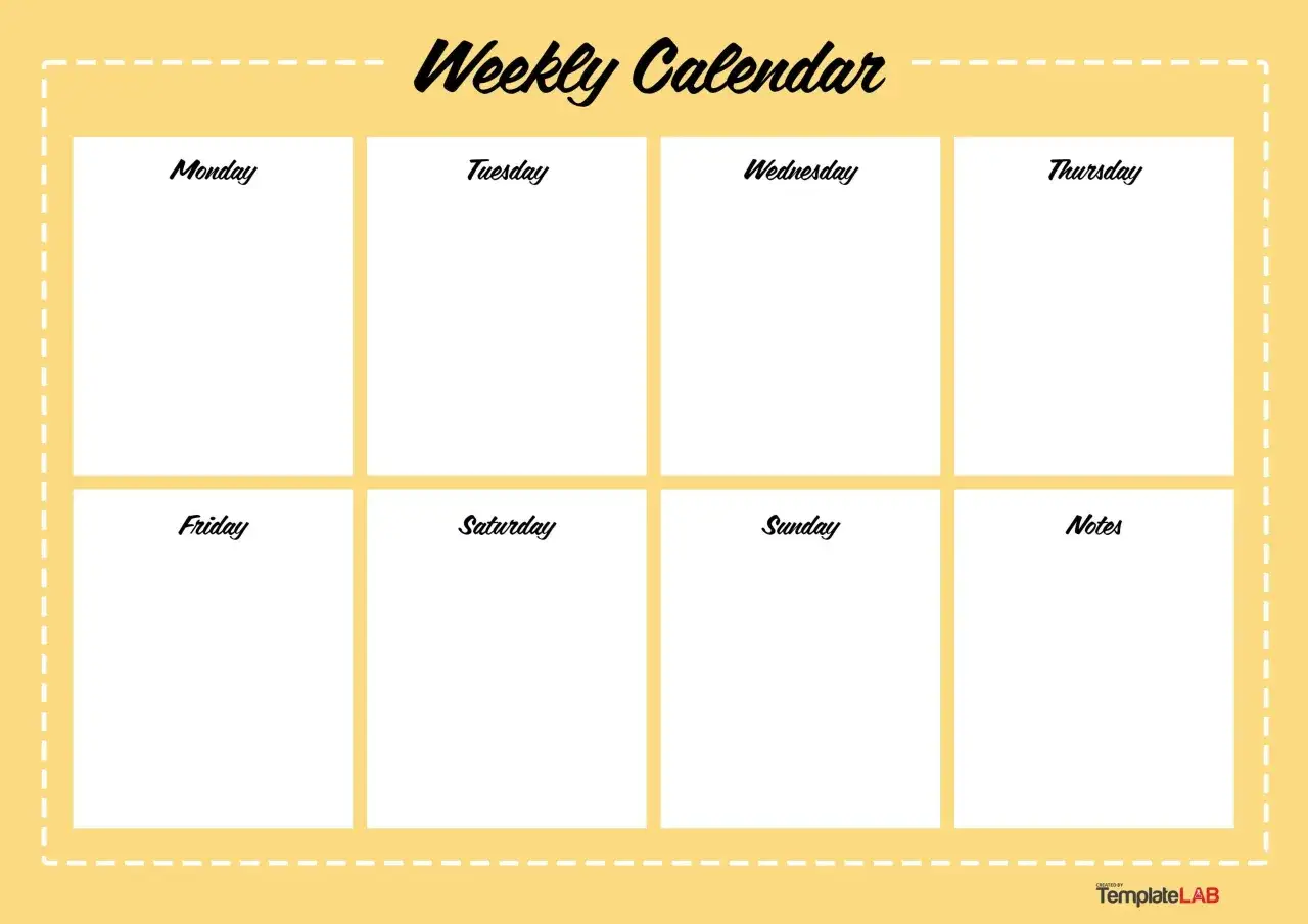 Calendario settimanale con spazi per ogni giorno della settimana in inglese: Monday, Tuesday, Wednesday, Thursday, Friday, Saturday, Sunday e una sezione per le note.