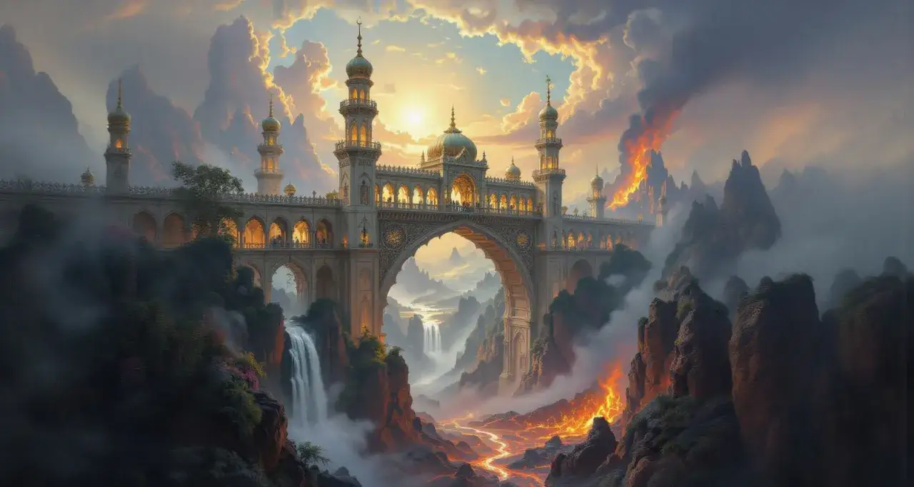 Un puente majestuoso con minaretes dorados cruza un paisaje m&iacute;stico. Cascadas y r&iacute;os de lava fluyen, evocando el **sirat significado** de un camino desafiante.