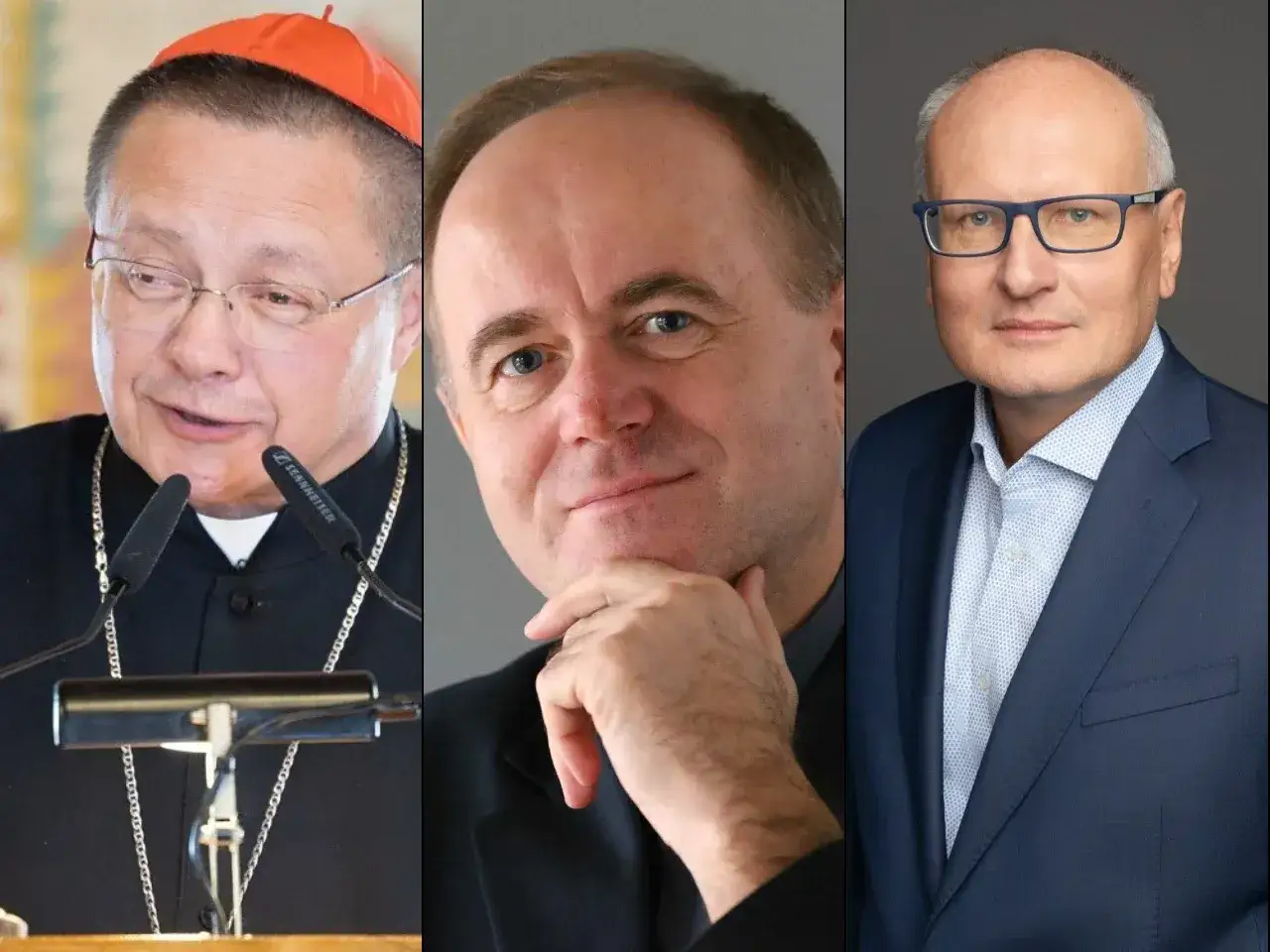 Trzech mężczyzn: kardynał w stroju duchownym, mężczyzna w czarnym garniturze i mężczyzna w granatowym garniturze. Gdzie jest pastor?