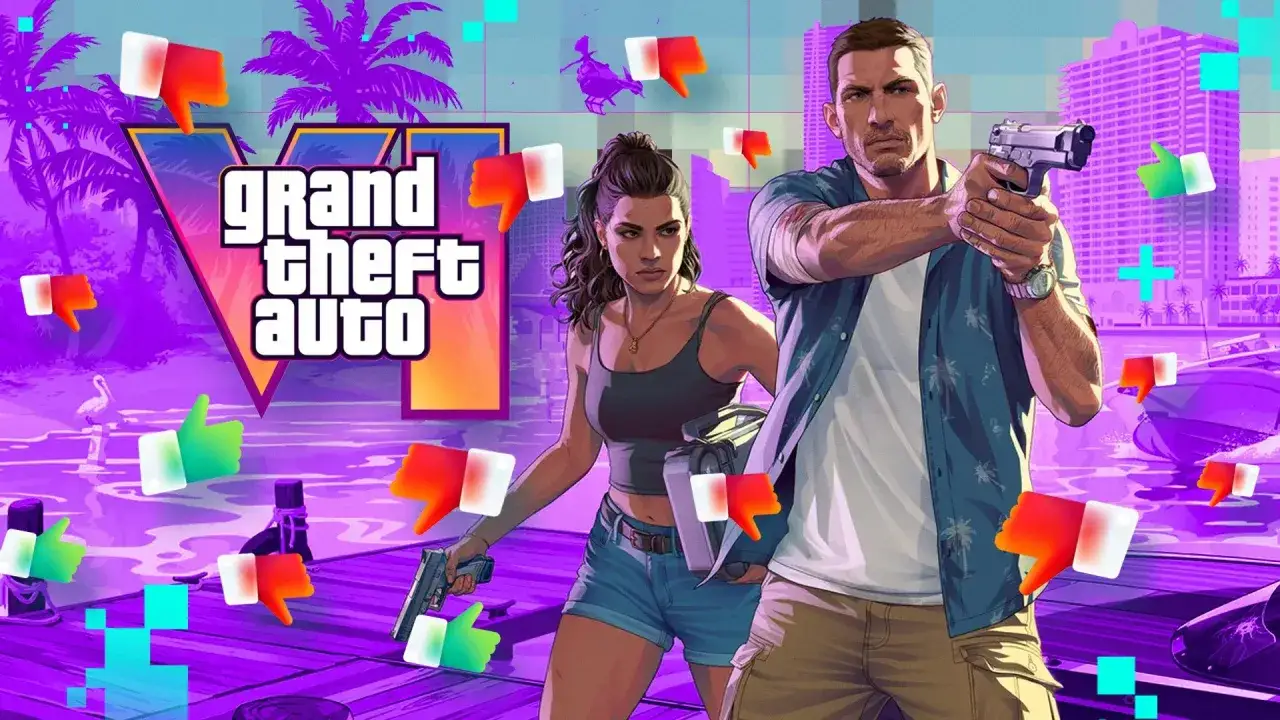 Para GTA 6 data premiery, para bohaterów z bronią na tle neonowego miasta i palmy. Wokół unoszą się ikony kciuków w górę i w dół.