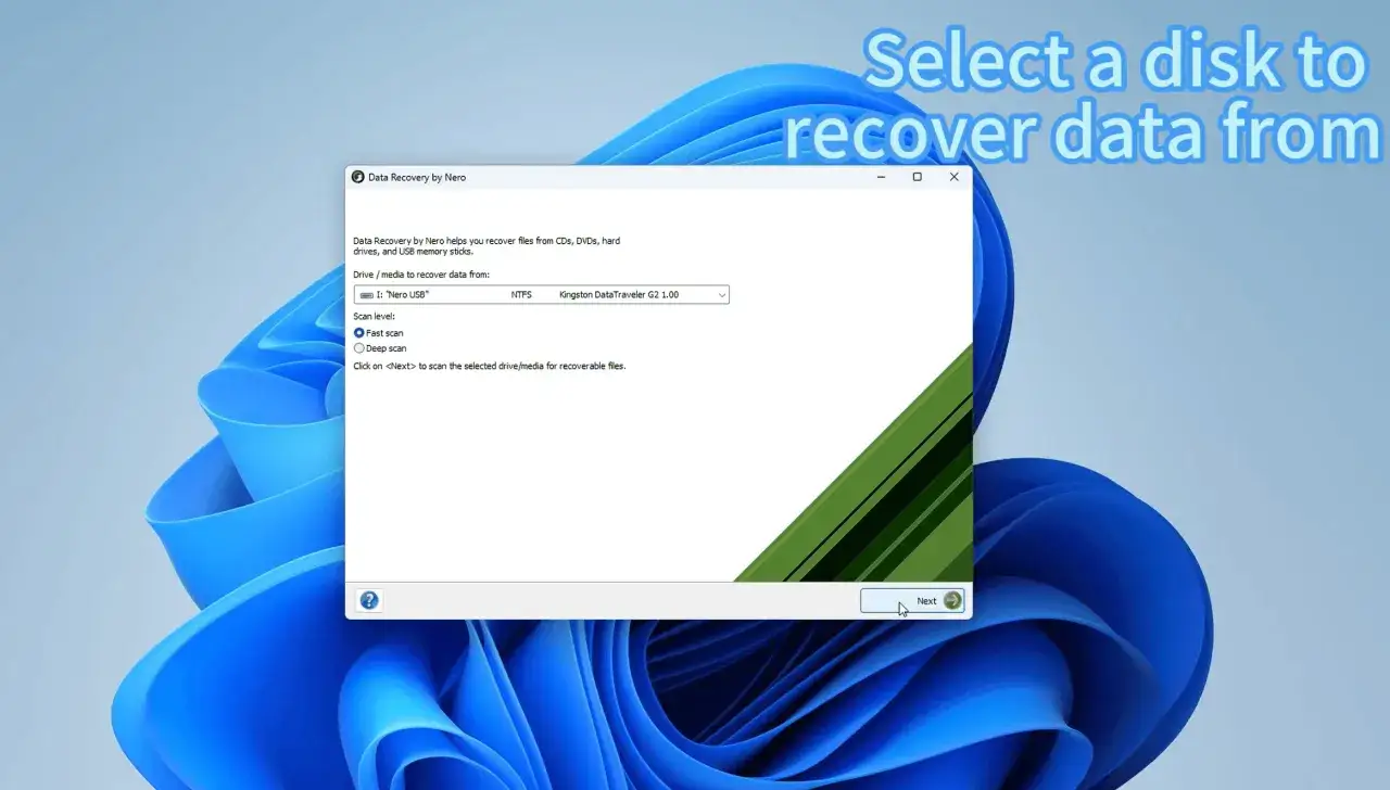 Program Nero Data Recovery pomaga odzyskać pliki z pendrive. Wybierz dysk i rozpocznij skanowanie.