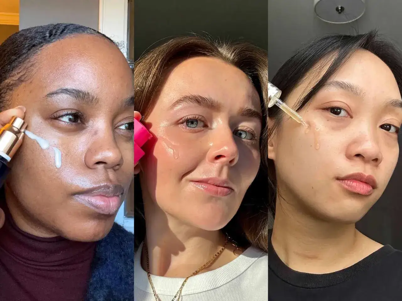 Drei Frauen tragen Seren auf. Die Frage ist, wie oft Retinol verwenden?