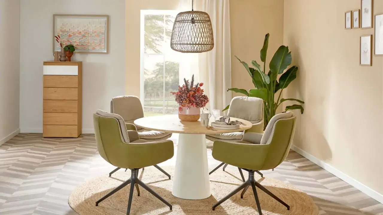 Esszimmer mit runder Tisch, vier St&uuml;hlen und einem Sideboard. Die wandfarbe esszimmer feng shui ist ein sanftes Beige, das Harmonie ausstrahlt.