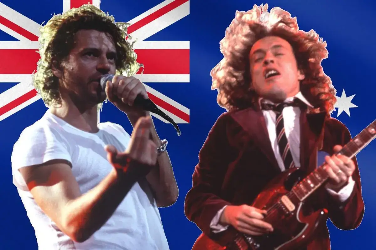 Dwóch muzyków, jeden z mikrofonem, drugi z gitarą, na tle flagi Australii. Legendarny australijski zespół rockowy.