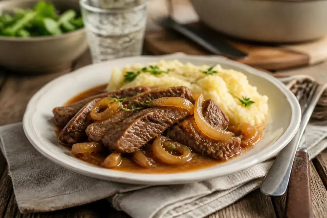 Herzhaftes Zwiebelfleisch mit Kartoffelp&uuml;ree, ein klassisches zwiebelfleisch rezept, garniert mit frischen Kr&auml;utern.