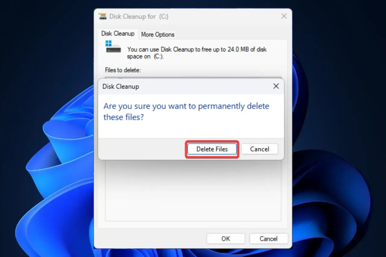 Potwierdzenie czyszczenia dysku Windows 11. Kliknij 