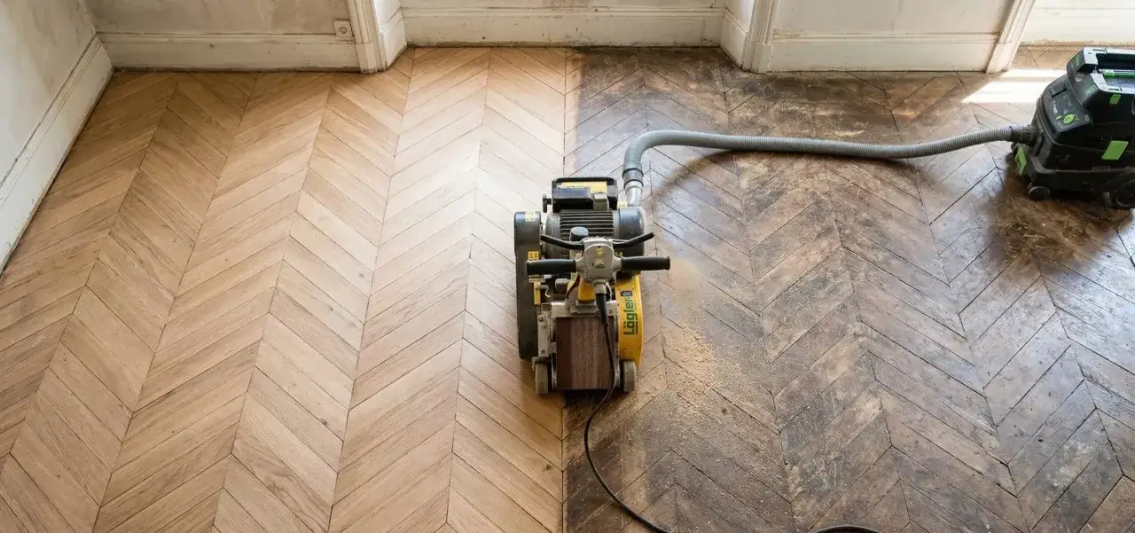 Ponçage d'un parquet en chevrons. La moitié est rénovée, l'autre attend. Le vitrification parquet prix m2 dépend de cet état.