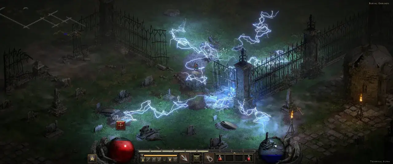 W cmentarzysku Burial Grounds w Diablo II Resurrected błyskawice rozświetlają mroczną bramę, a bohater walczy z potworami.