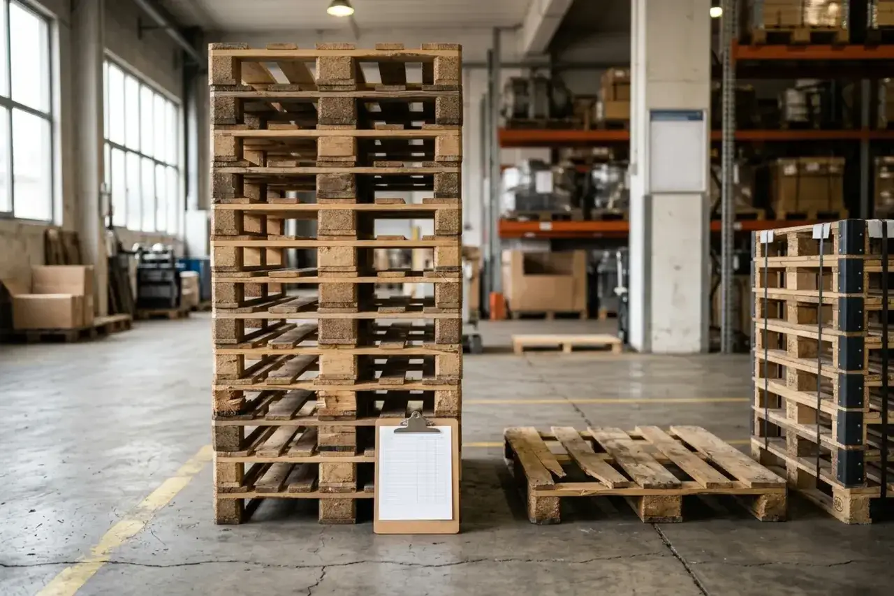 Stapel von Holz-Blockpaletten in einem Lager. Eine einzelne Palette liegt daneben, eine Klemmbrett mit einer Liste steht vor dem Stapel.
