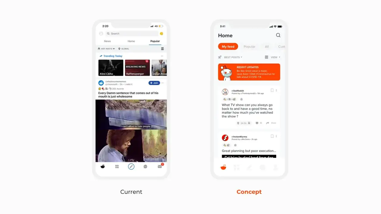 Dwa ekrany aplikacji mobilnej pokazujące, reddit co to: jeden z popularnymi postami, drugi z aktualnościami i dyskusjami.