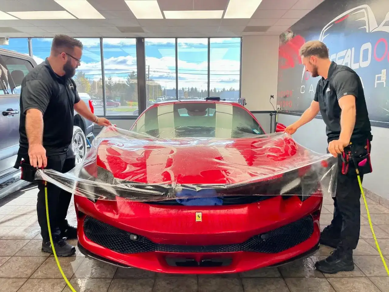 Dwóch mężczyzn aplikuje folię ochronną na maskę czerwonego Ferrari. To nie jest zwykłe mycie samochodu, to profesjonalna ochrona lakieru.