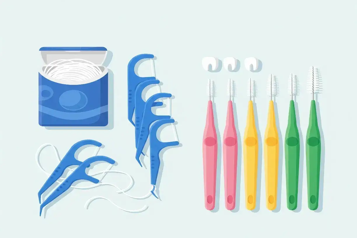 Kit per l'igiene orale: filo interdentale, scovolini colorati e tre denti stilizzati. Perfetto per mantenere pulite le tue placche denti.
