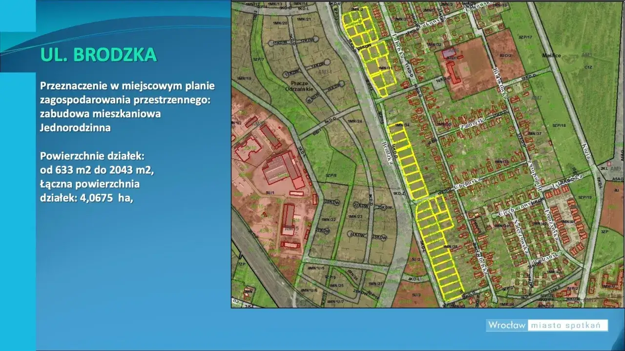 Plan zagospodarowania przestrzennego Wrocław dla ul. Brodzka: zabudowa jednorodzinna. Działki od 633 m2 do 2043 m2.