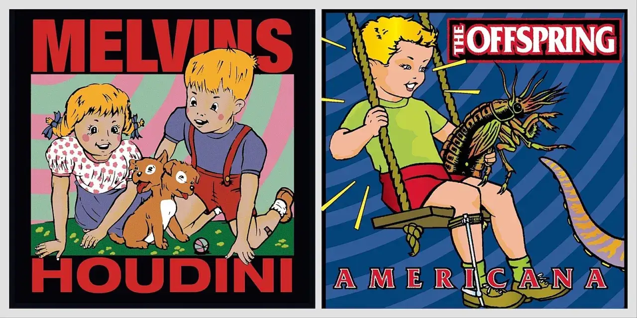 Deux pochettes d'albums : Melvins Houdini avec des enfants et des chiots, et The Offspring Americana avec un enfant tenant un insecte sur une balan&ccedil;oire.