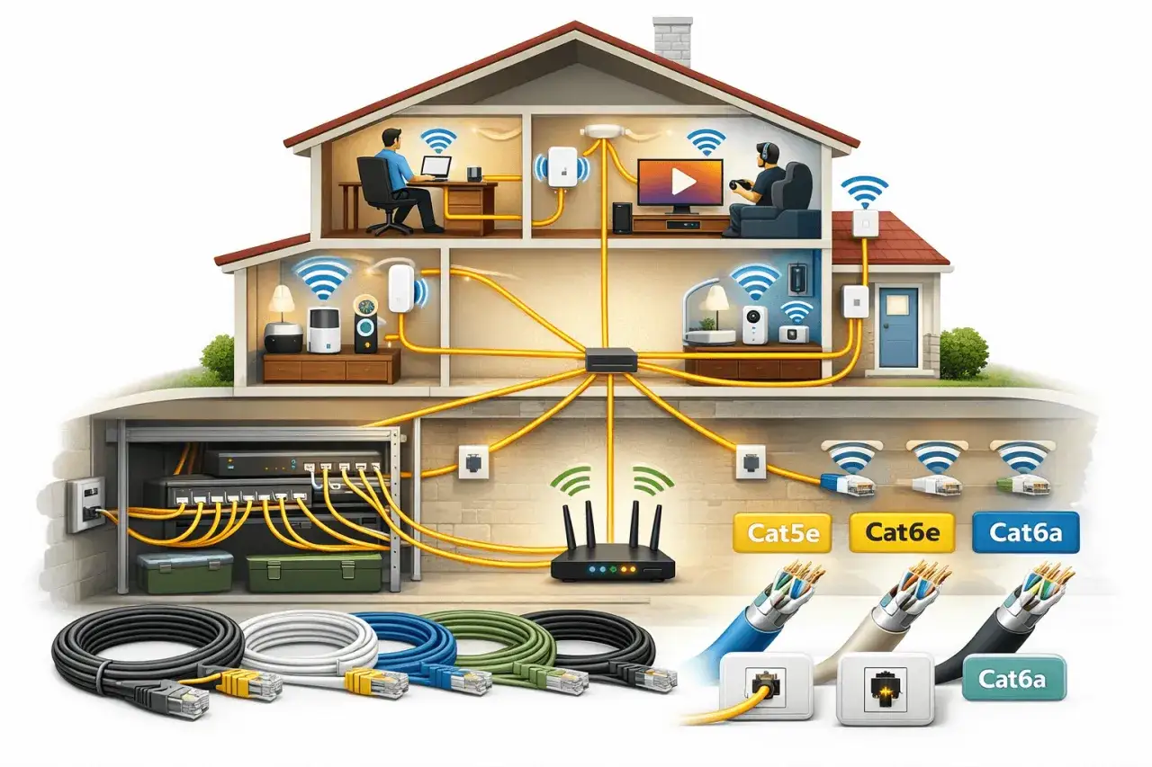 So kann man sein Internet verbessern: Ein Haus mit zentralem Netzwerk-Schrank, Router, WLAN-Access-Points und Ethernet-Kabeln (Cat5e, Cat6e, Cat6a).