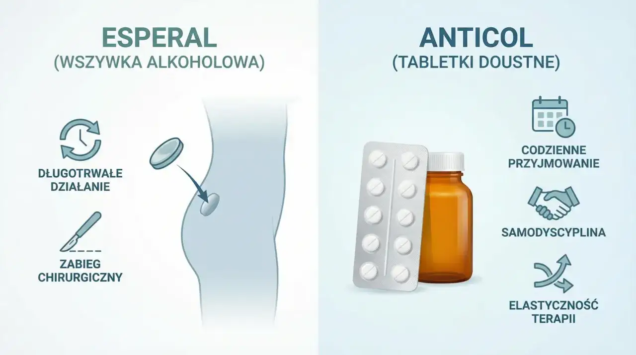 Esperal (wszywka) i Anticol (tabletki) to metody leczenia alkoholizmu. Esperal działa długotrwale po zabiegu chirurgicznym, Anticol wymaga codziennego przyjmowania i samodyscypliny.