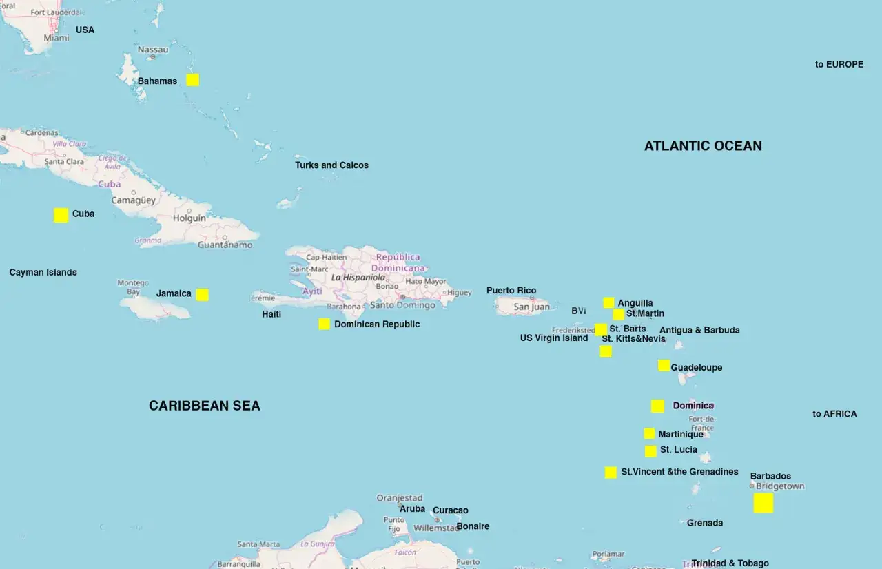 Dominikana leży na Morzu Karaibskim, na wschód od Haiti, na mapie zaznaczono jej położenie.