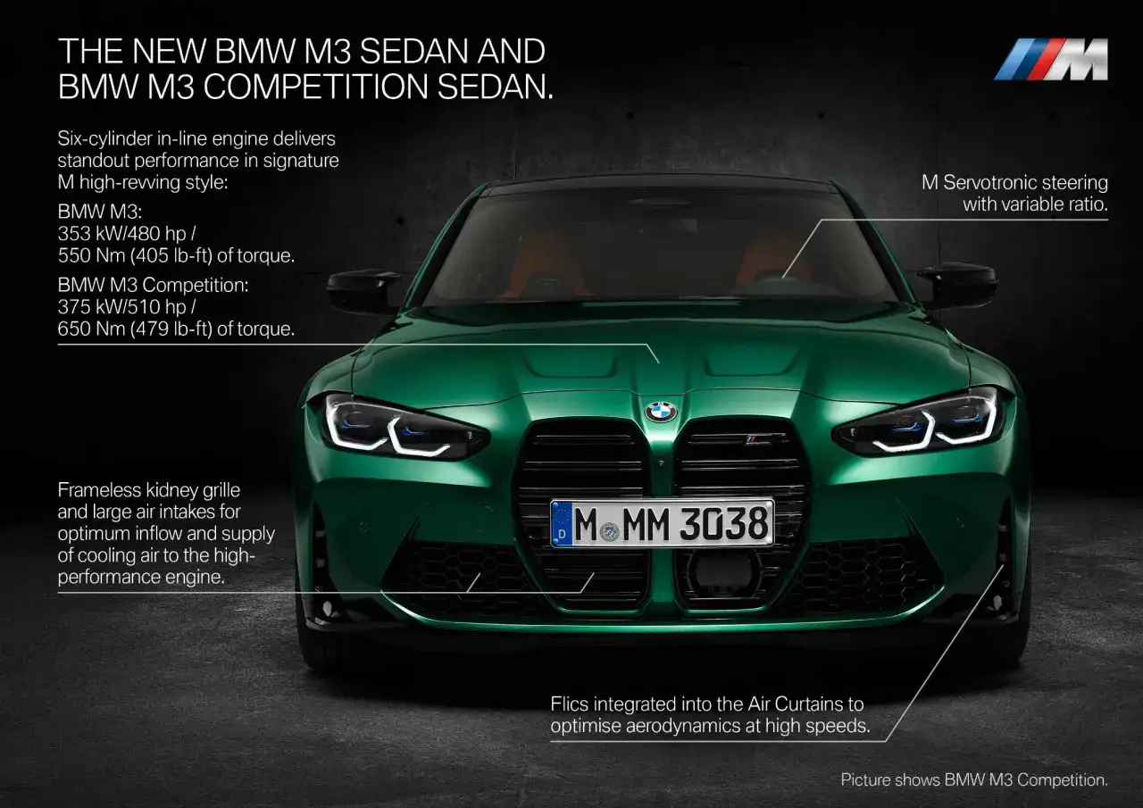 Zielony BMW M3 Competition z agresywnym grillem i sportowymi detalami. Moc 510 KM zapewnia wyśmienite osiągi.