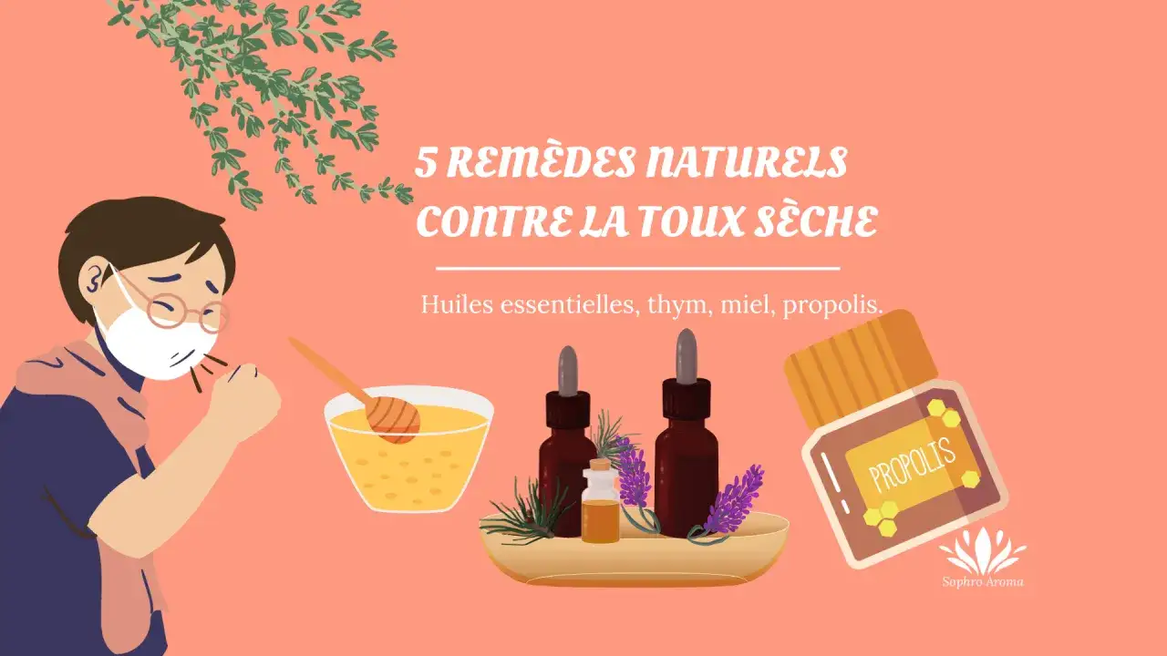 Remèdes naturels pour la toux sèche : huiles essentielles, thym, miel, propolis. Un personnage tousse, masqué.