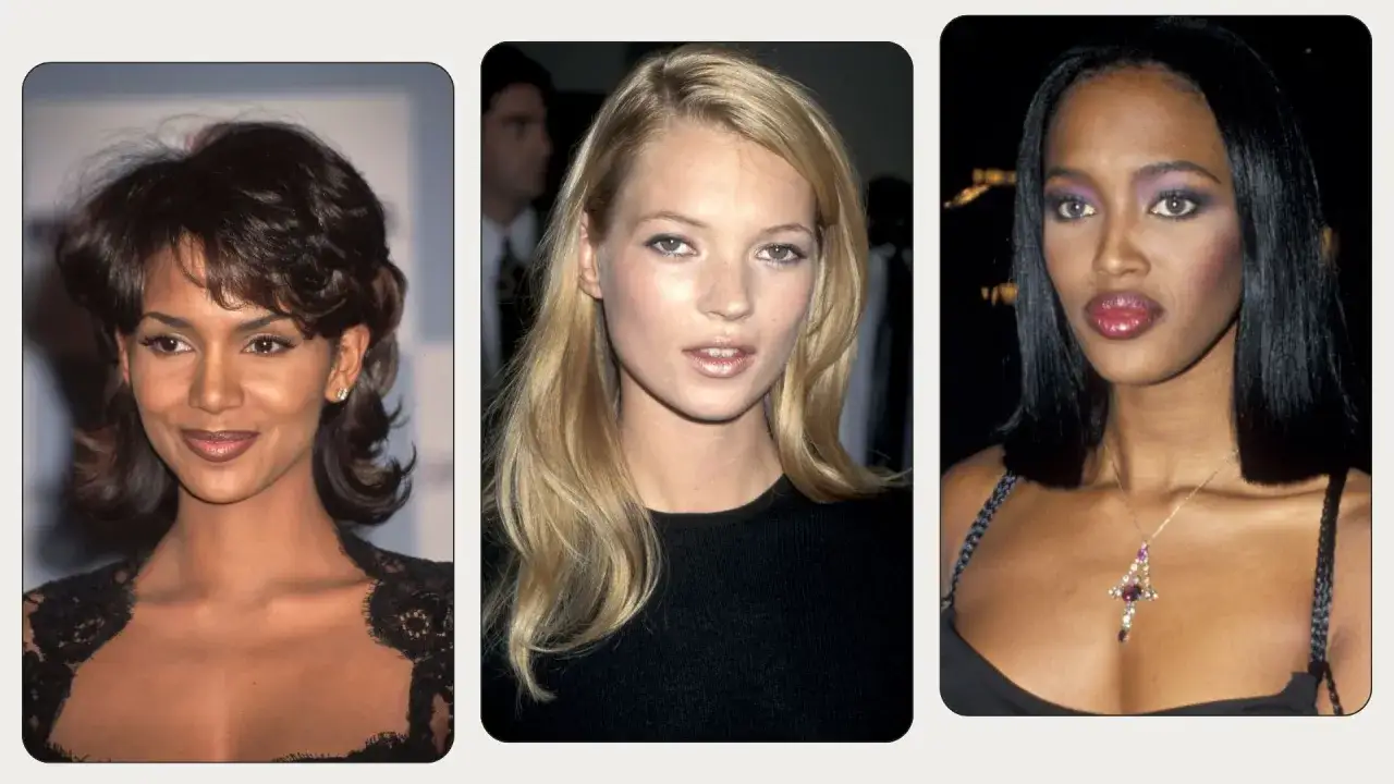 Halle Berry, Kate Moss und Naomi Campbell zeigen ikonisches 90s makeup: von dezenten Tönen bis zu kräftigen Lippen und Lidschatten.