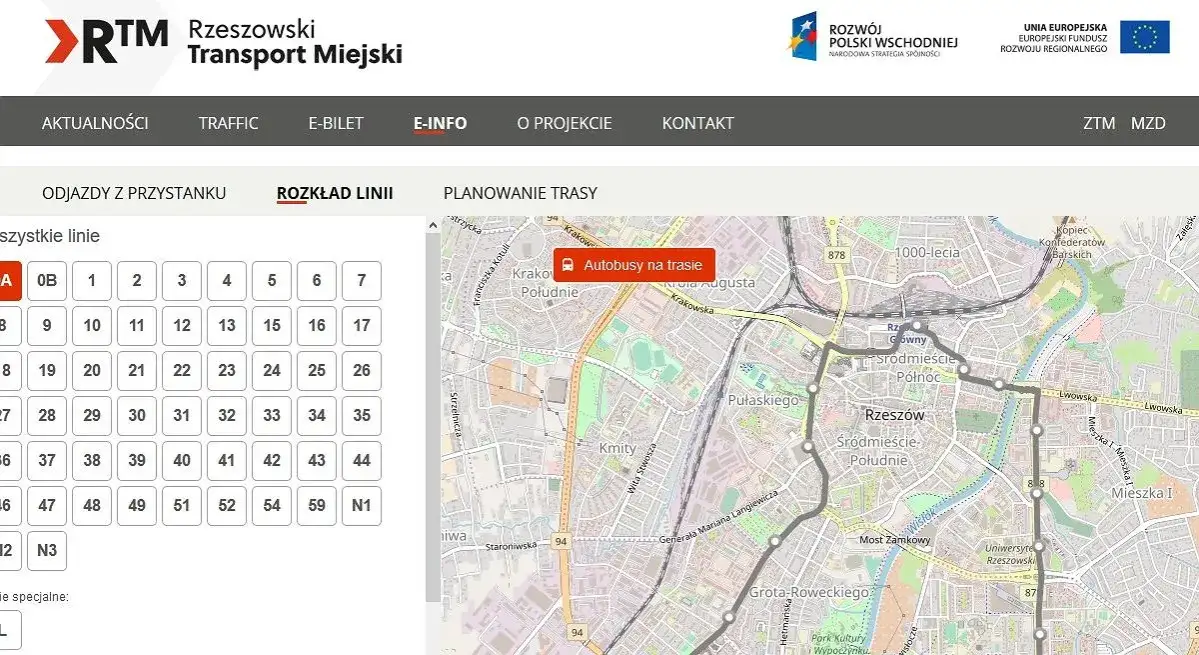 Mapa trasy autobusu 33 Rzeszów