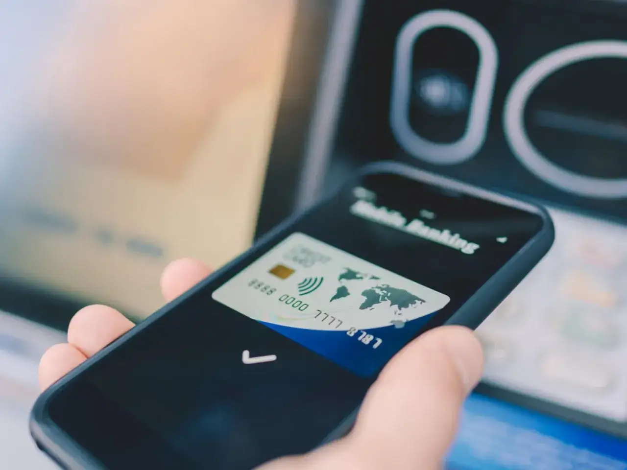 Mano con smartphone mostrando una tarjeta virtual para sacar dinero sin tarjeta en un cajero automático.